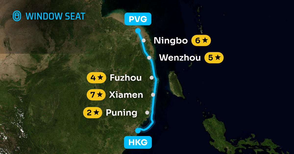 Map of the Hong Kong to Shanghai flight path with its landmarks on each side