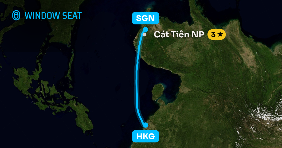 Map of the Hong Kong to Ho Chi Minh City flight path with its landmarks on each side