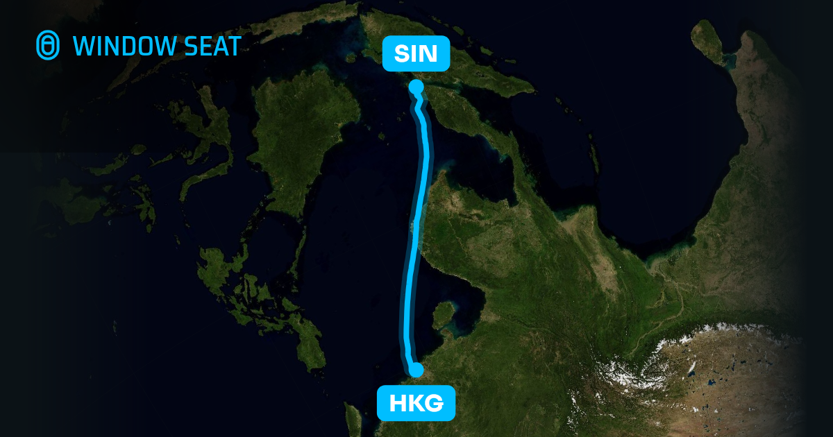 Map of the Hong Kong to Singapore flight path with its landmarks on each side