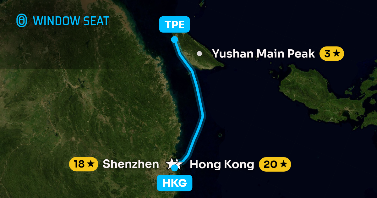 Map of the Hong Kong to Taipei flight path with its landmarks on each side