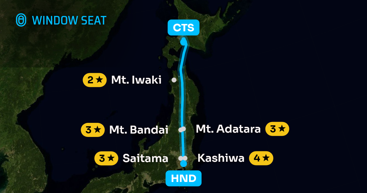 Map of the Tokyo to Sapporo flight path with its landmarks on each side