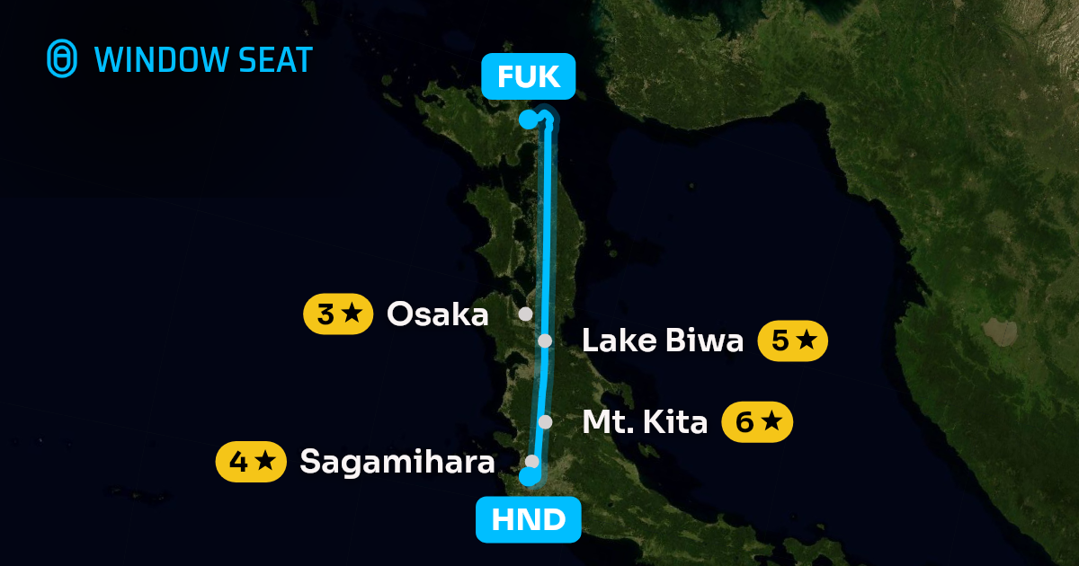 Map of the Tokyo to Fukuoka flight path with its landmarks on each side