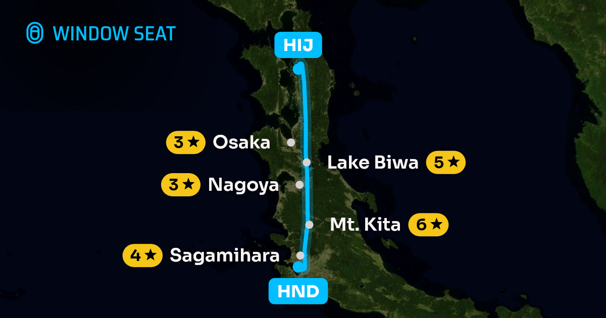 Map of the Tokyo to Hiroshima flight path with its landmarks on each side