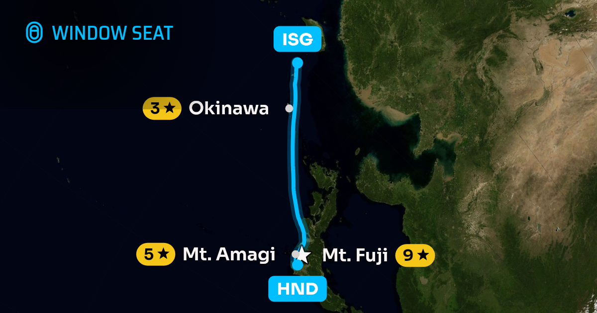 Map of the Tokyo to Ishigaki flight path with its landmarks on each side