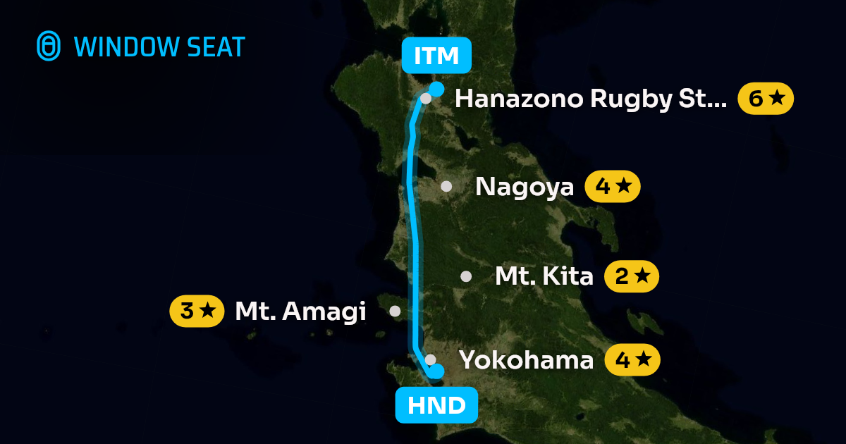 Map of the Tokyo to Osaka flight path with its landmarks on each side