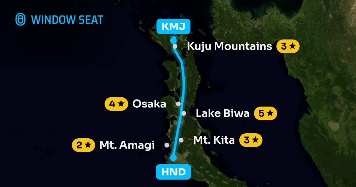 Map of the Tokyo to Kumamoto flight path with its landmarks on each side