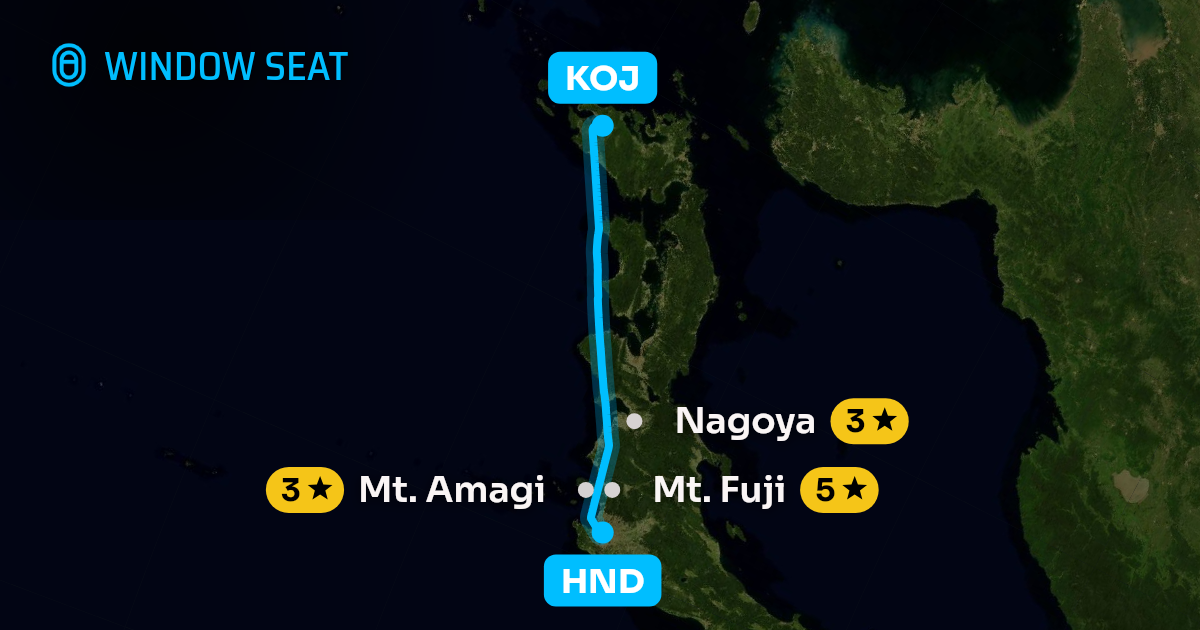 Map of the Tokyo to Kagoshima flight path with its landmarks on each side