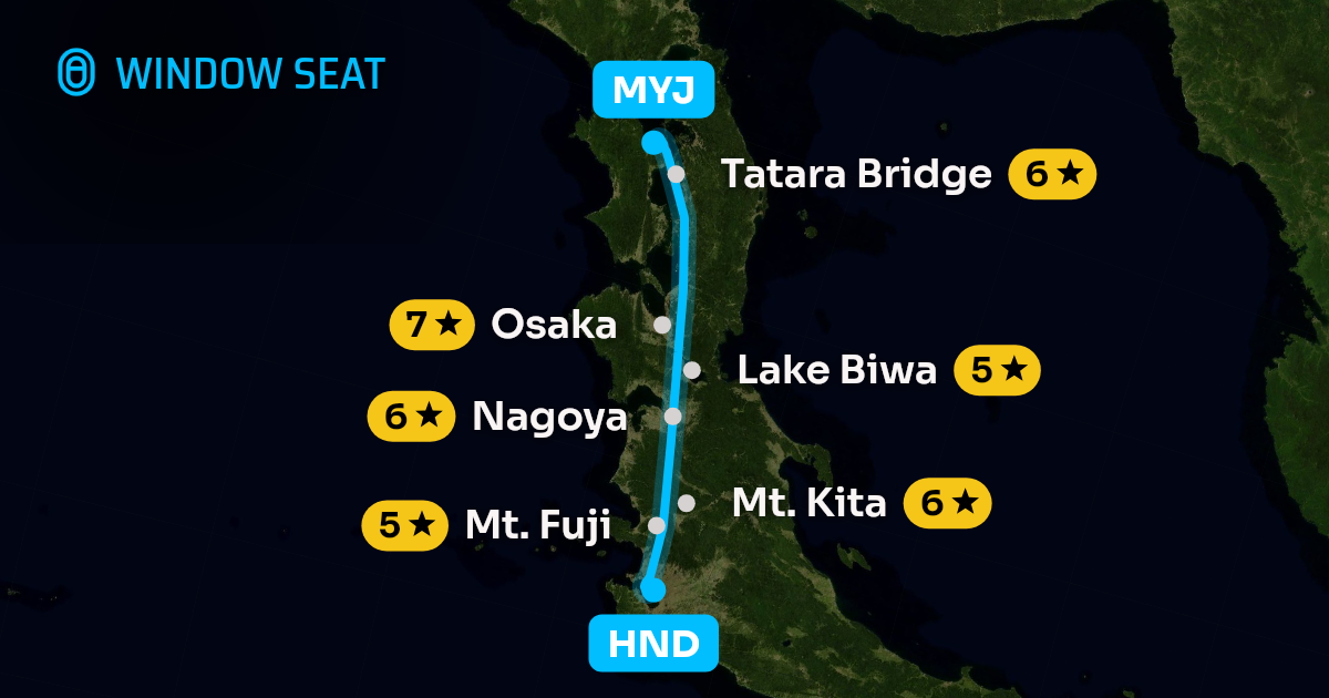 Map of the Tokyo to Matsuyama flight path with its landmarks on each side