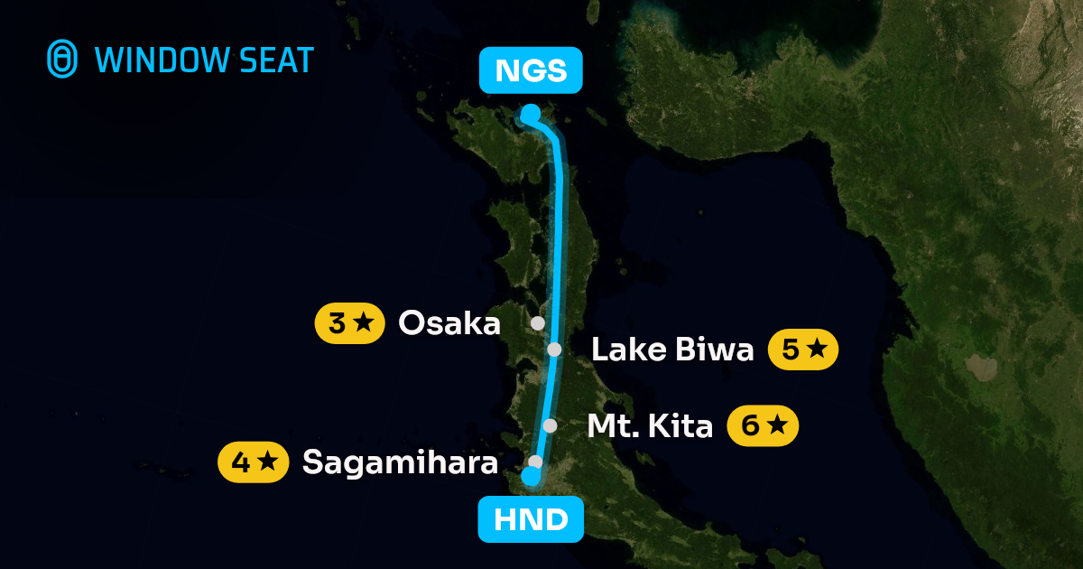 Map of the Tokyo to Nagasaki flight path with its landmarks on each side