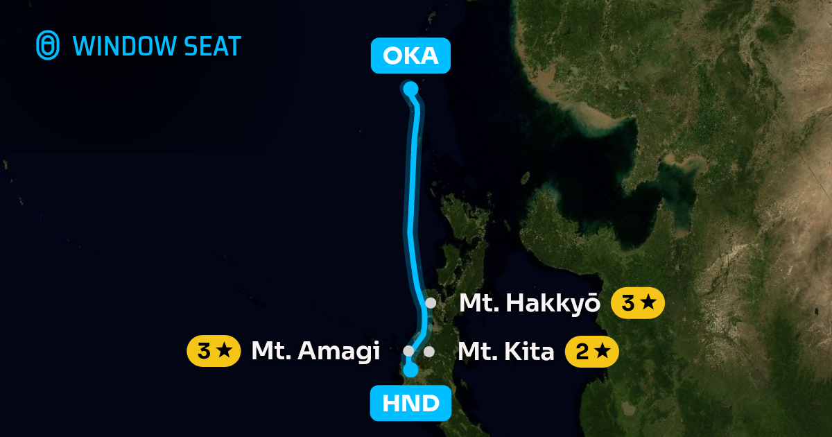 Map of the Tokyo to Naha flight path with its landmarks on each side