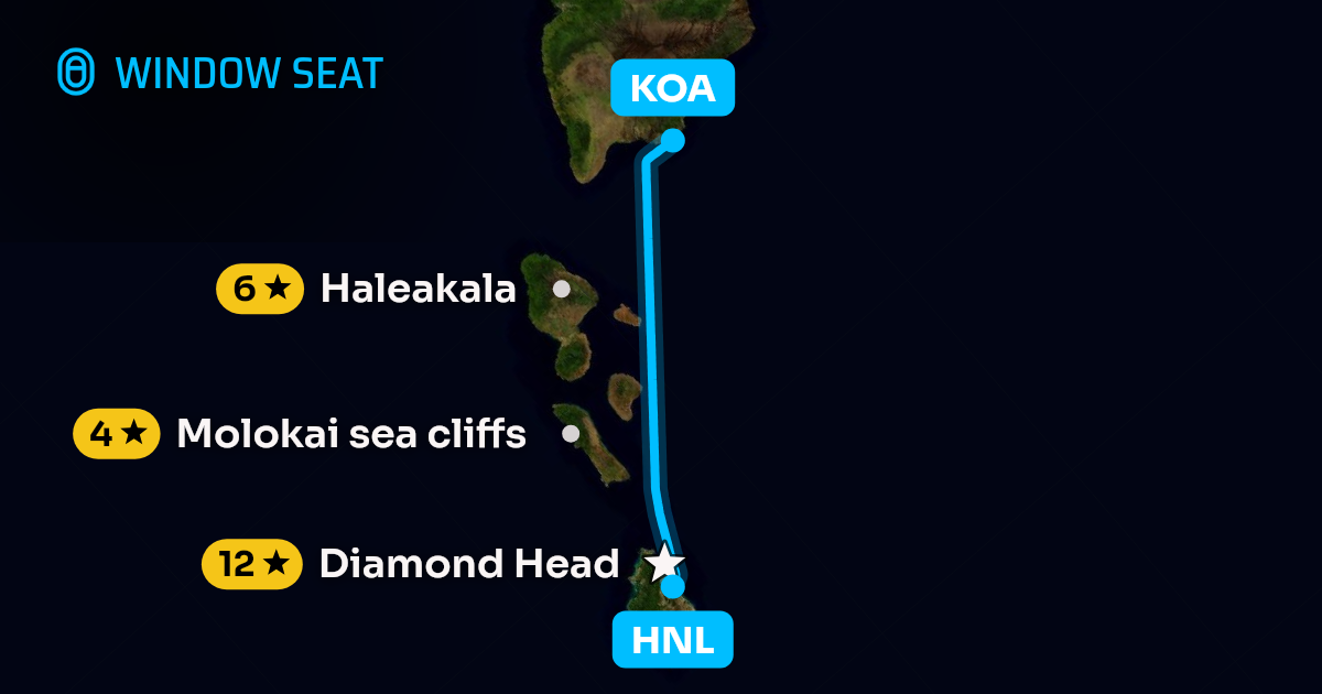 Map of the Honolulu to Kailua-Kona flight path with its landmarks on each side