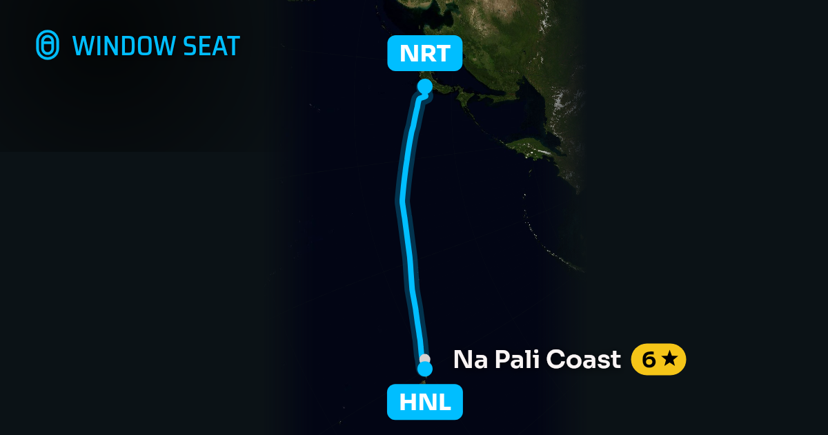 Map of the Honolulu to Tokyo flight path with its landmarks on each side