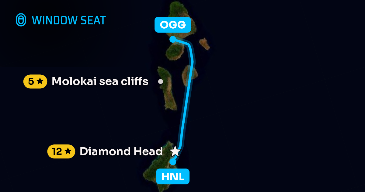 Map of the Honolulu to Kahului flight path with its landmarks on each side