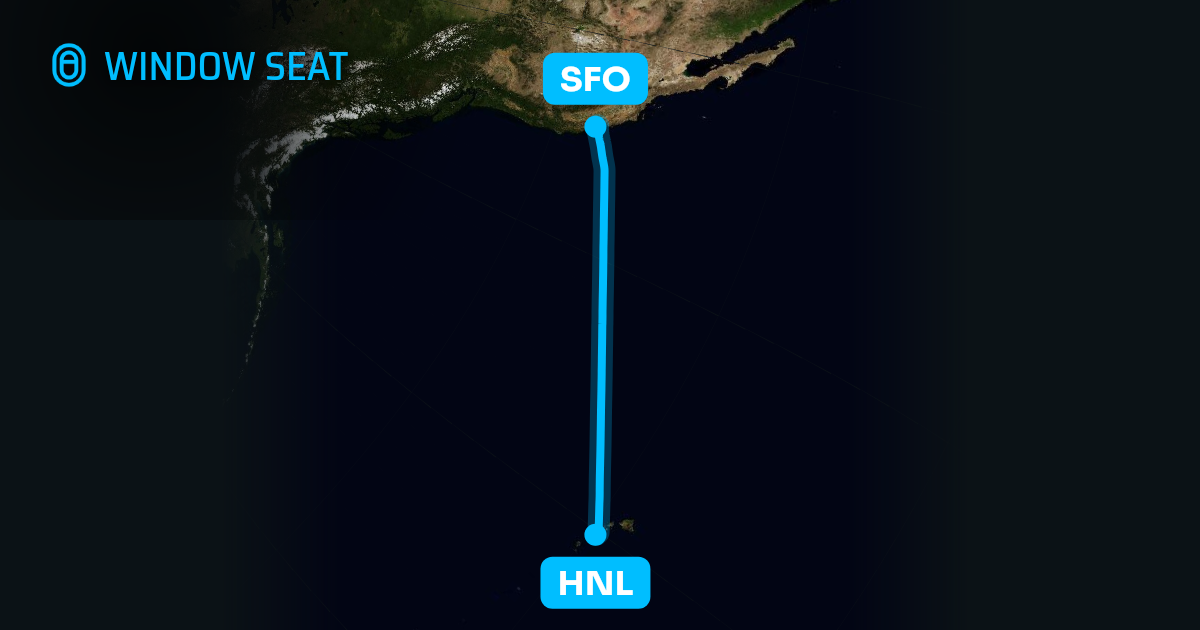 Map of the Honolulu to San Francisco flight path with its landmarks on each side