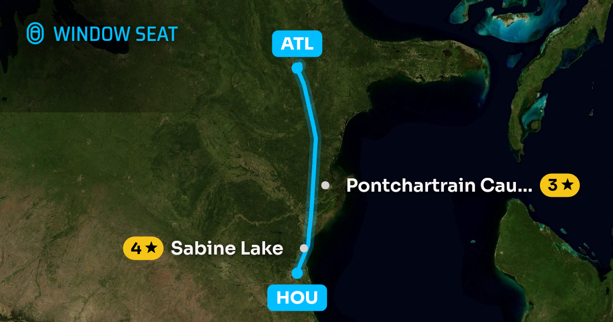 Map of the Houston to Atlanta flight path with its landmarks on each side