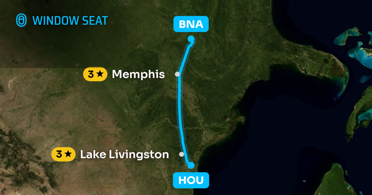 Map of the Houston to Nashville flight path with its landmarks on each side