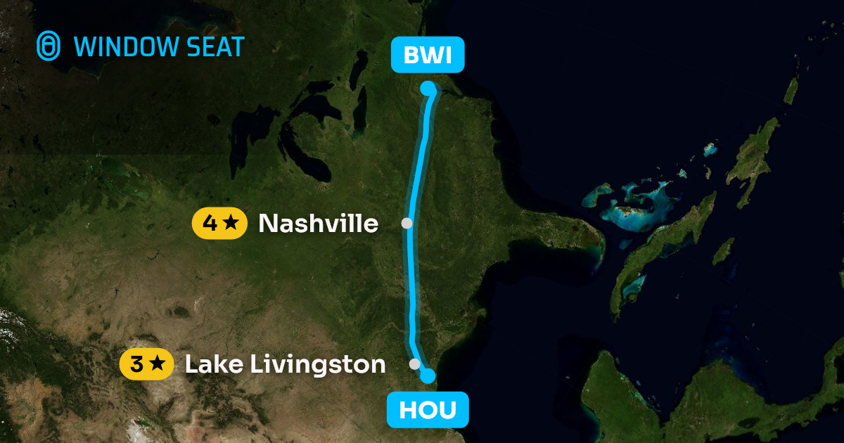 Map of the Houston to Baltimore flight path with its landmarks on each side