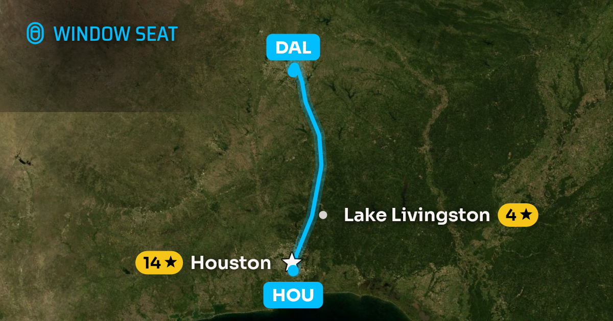 Map of the Houston to Dallas flight path with its landmarks on each side
