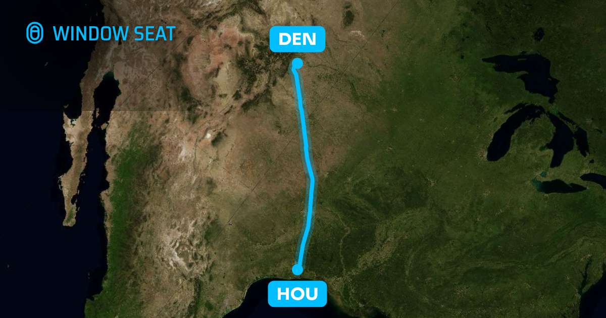 Map of the Houston to Denver flight path with its landmarks on each side