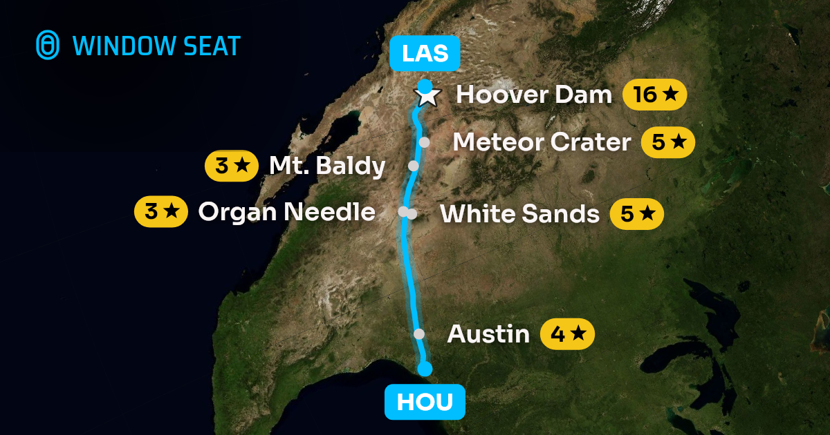 Map of the Houston to Las Vegas flight path with its landmarks on each side
