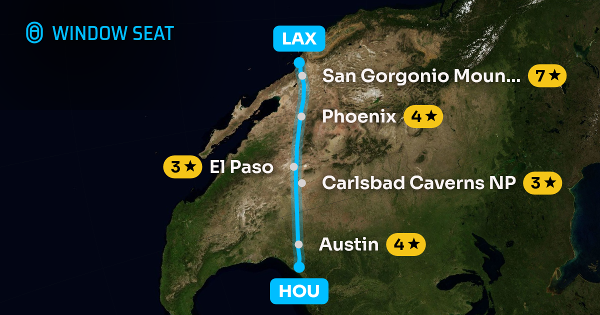 Map of the Houston to Los Angeles flight path with its landmarks on each side