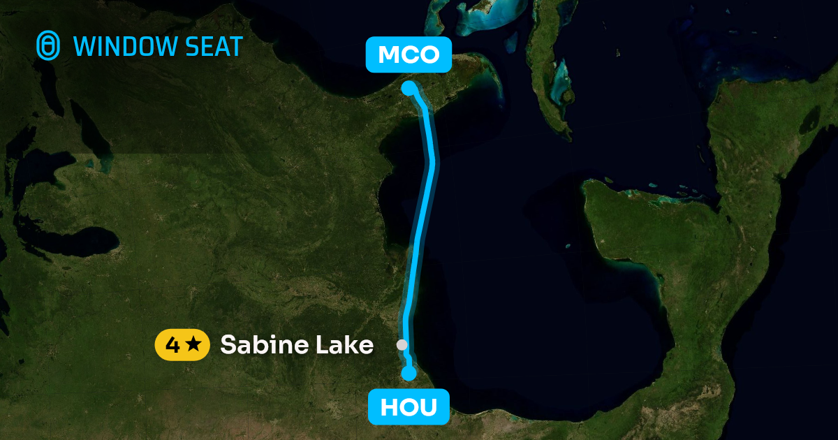 Map of the Houston to Orlando flight path with its landmarks on each side