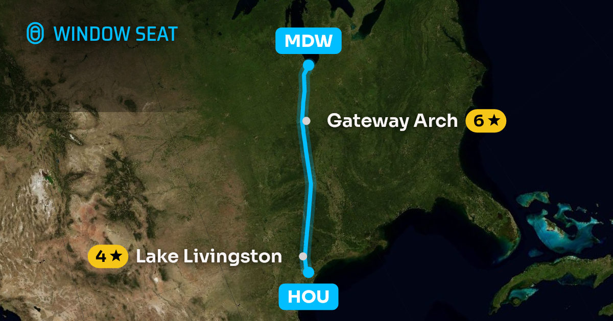 Map of the Houston to Chicago flight path with its landmarks on each side