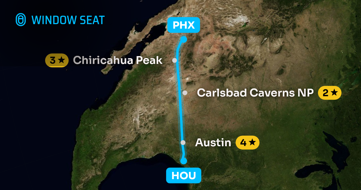 Map of the Houston to Phoenix flight path with its landmarks on each side