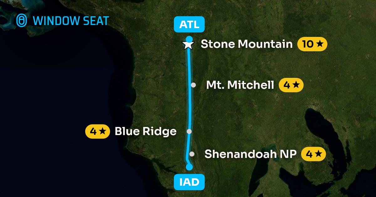 Map of the Washington to Atlanta flight path with its landmarks on each side