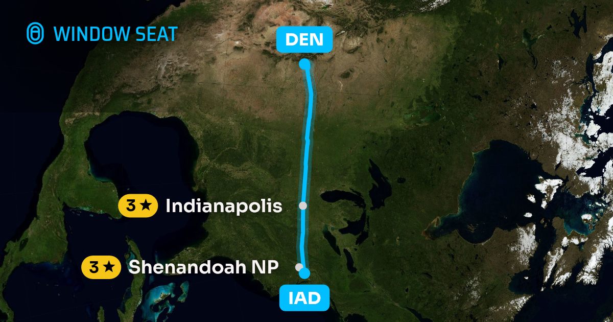 Map of the Washington to Denver flight path with its landmarks on each side