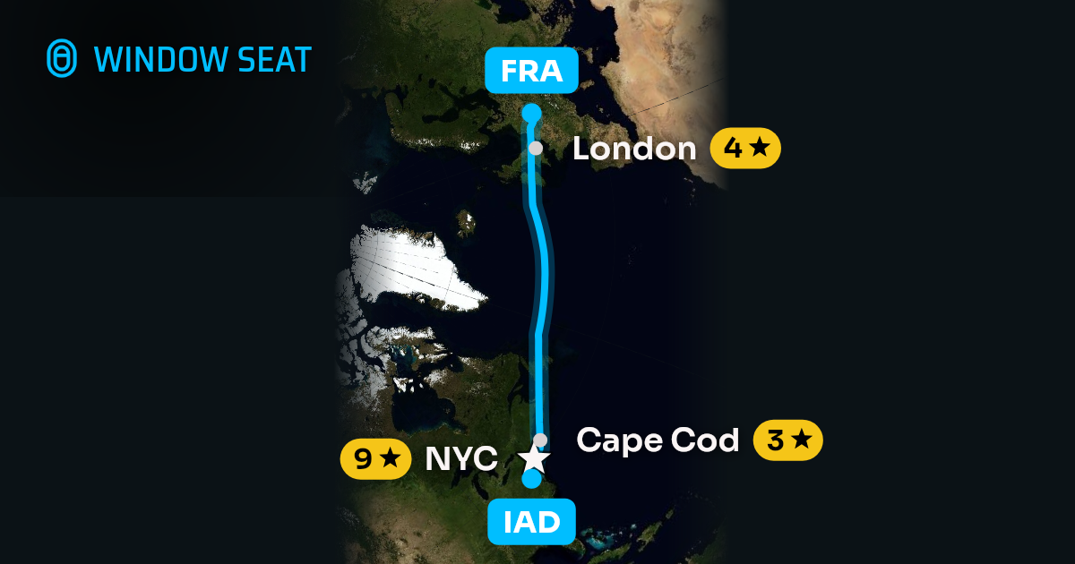 Map of the Washington to Frankfurt flight path with its landmarks on each side