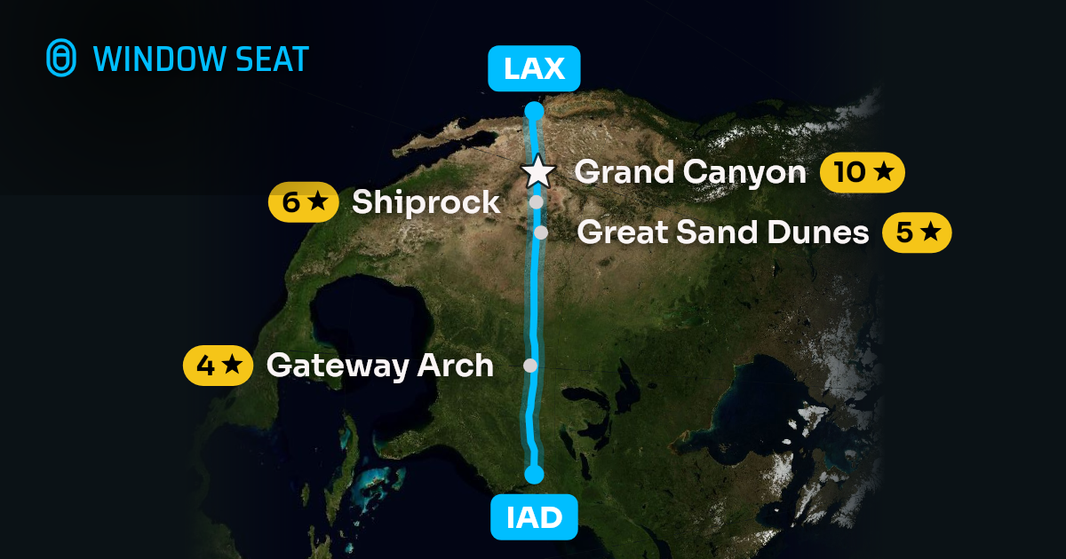 Map of the Washington to Los Angeles flight path with its landmarks on each side