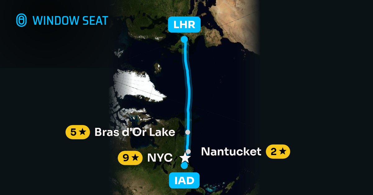 Map of the Washington to London flight path with its landmarks on each side