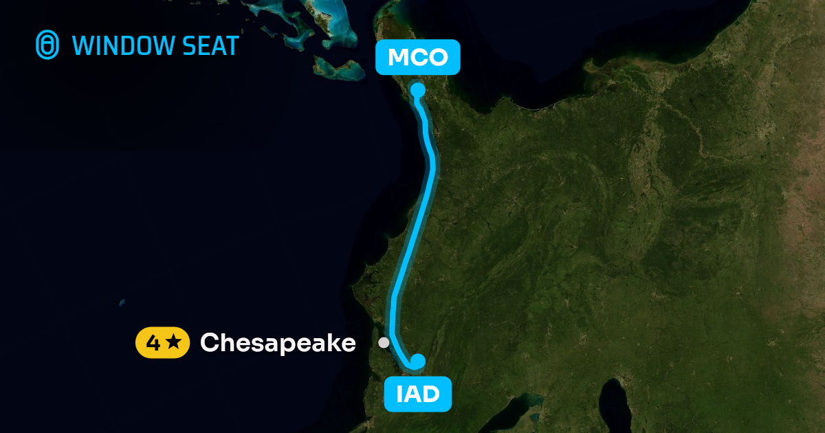 Map of the Washington to Orlando flight path with its landmarks on each side