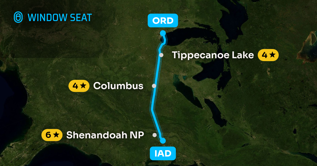 Map of the Washington to Chicago flight path with its landmarks on each side