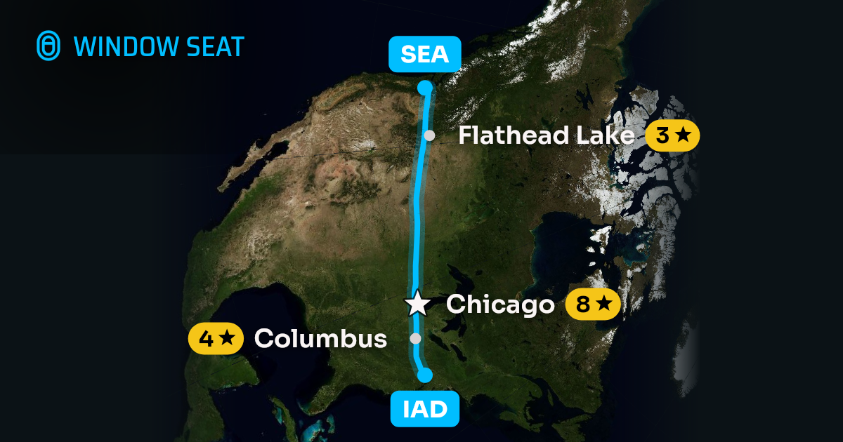 Map of the Washington to Seattle flight path with its landmarks on each side