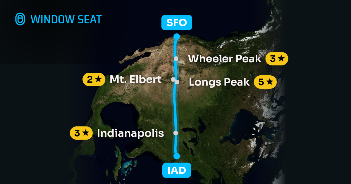 Map of the Washington to San Francisco flight path with its landmarks on each side