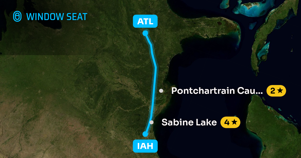 Map of the Houston to Atlanta flight path with its landmarks on each side
