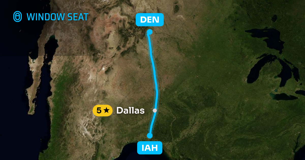 Map of the Houston to Denver flight path with its landmarks on each side