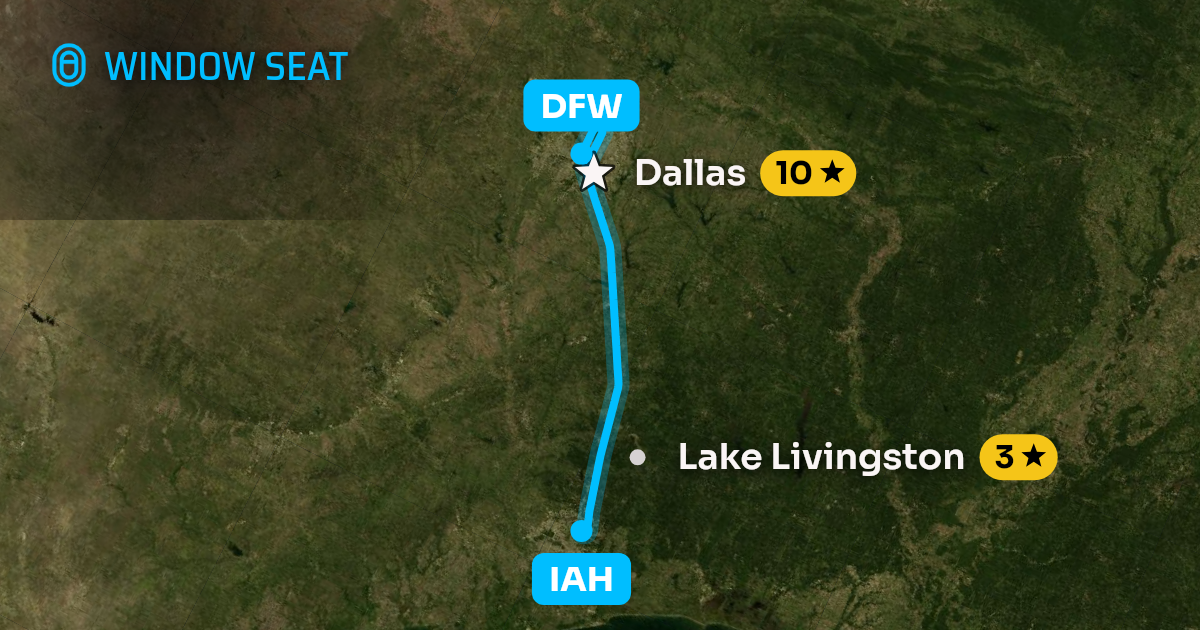Map of the Houston to Dallas-Fort Worth flight path with its landmarks on each side