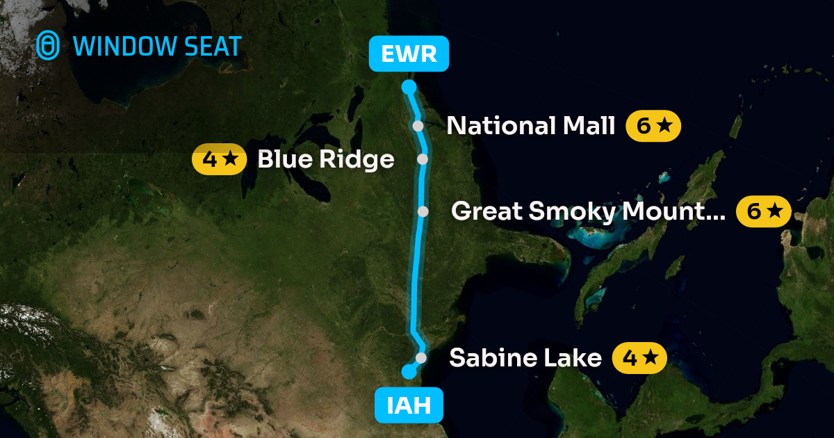 Map of the Houston to Newark flight path with its landmarks on each side