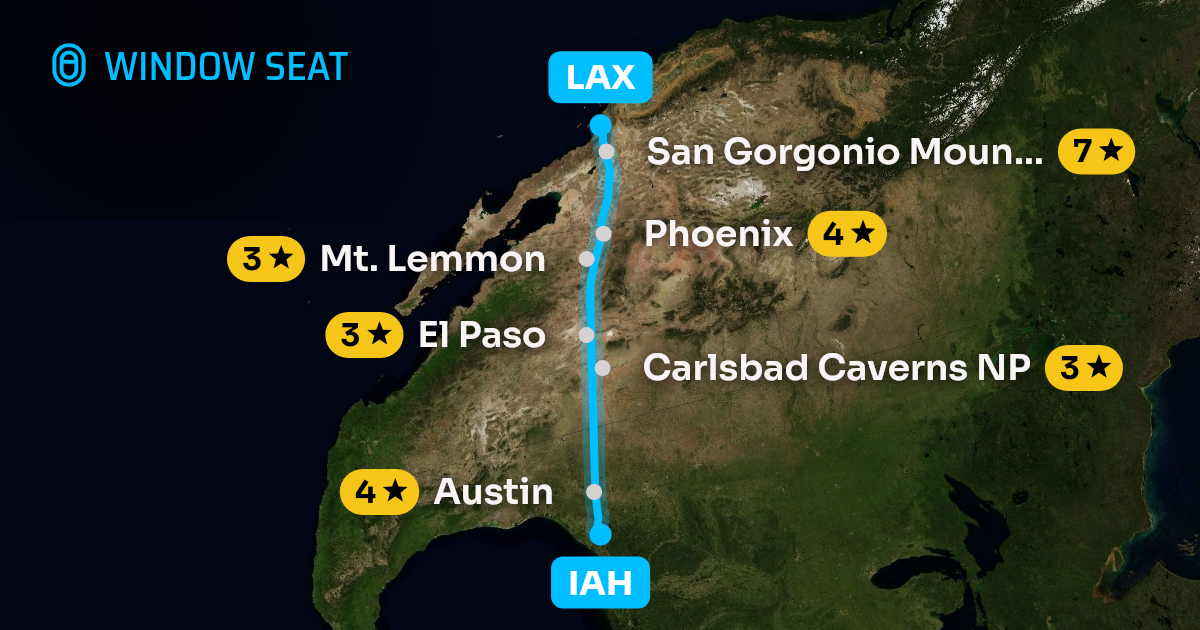 Map of the Houston to Los Angeles flight path with its landmarks on each side