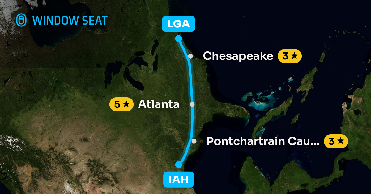 Map of the Houston to New York flight path with its landmarks on each side