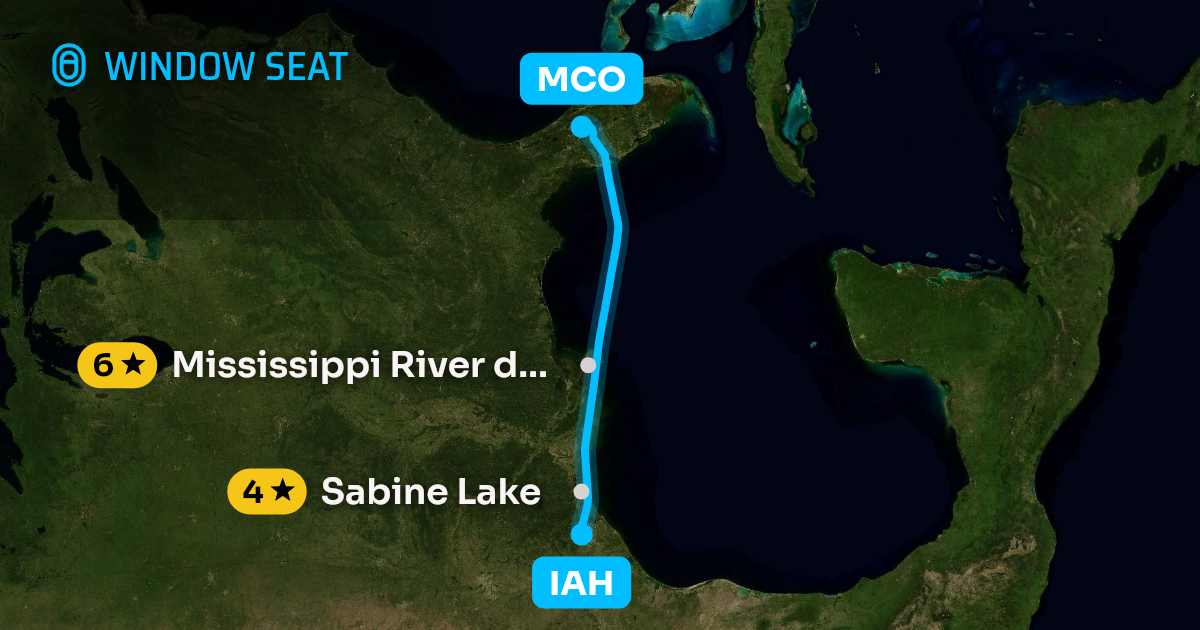 Map of the Houston to Orlando flight path with its landmarks on each side