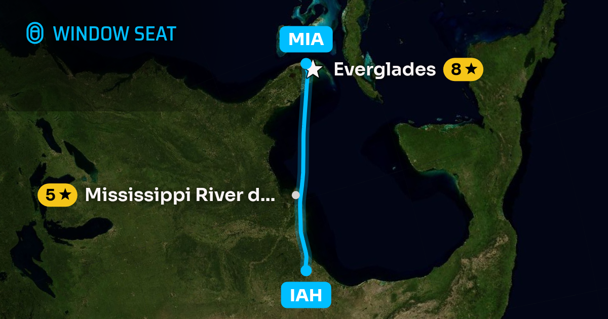 Map of the Houston to Miami flight path with its landmarks on each side