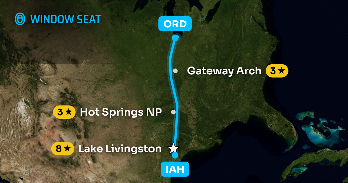 Map of the Houston to Chicago flight path with its landmarks on each side