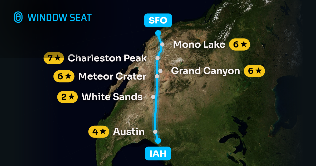Map of the Houston to San Francisco flight path with its landmarks on each side