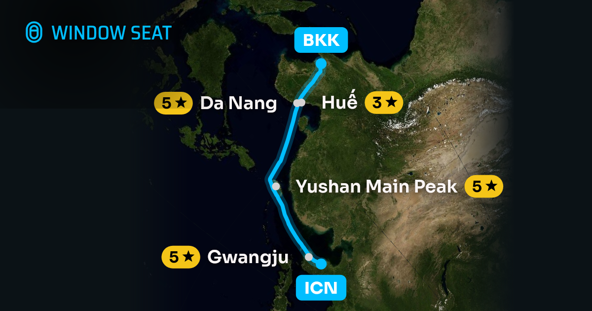 Map of the Seoul to Bangkok flight path with its landmarks on each side