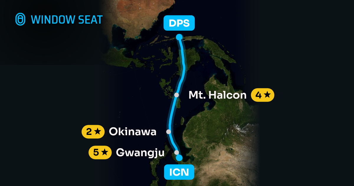 Map of the Seoul to Denpasar-Bali Island flight path with its landmarks on each side