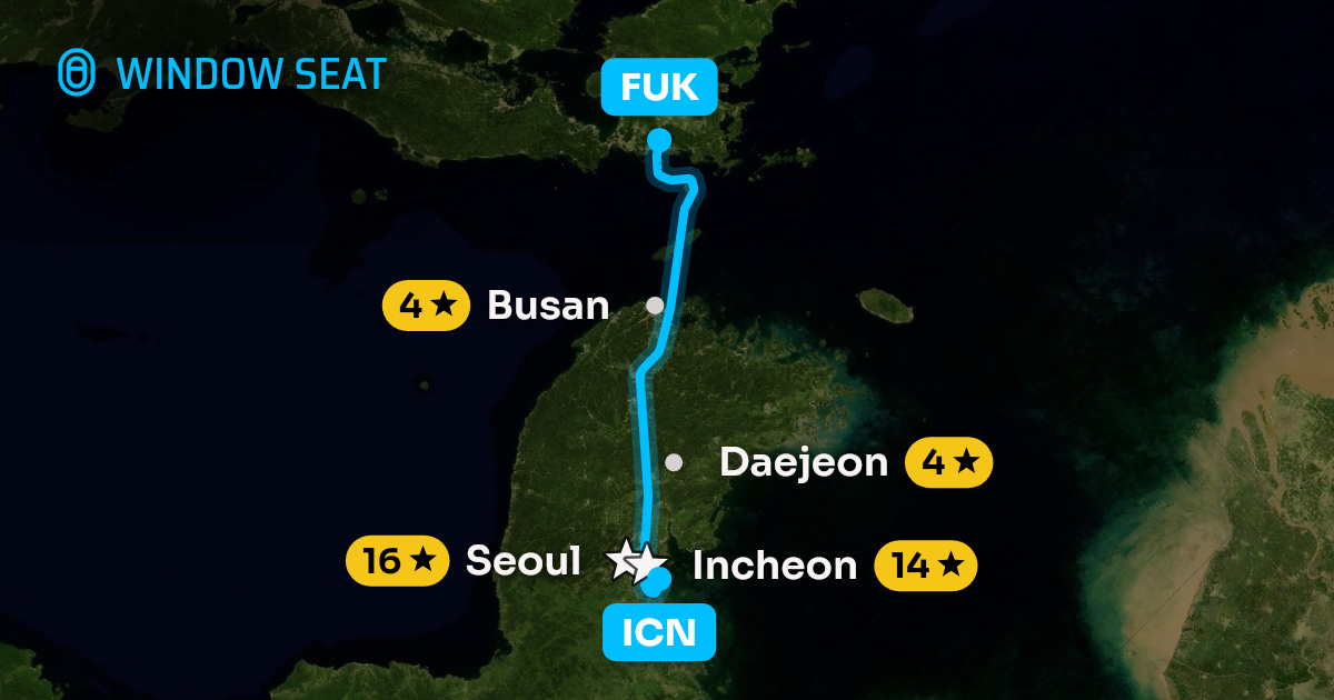 Map of the Seoul to Fukuoka flight path with its landmarks on each side